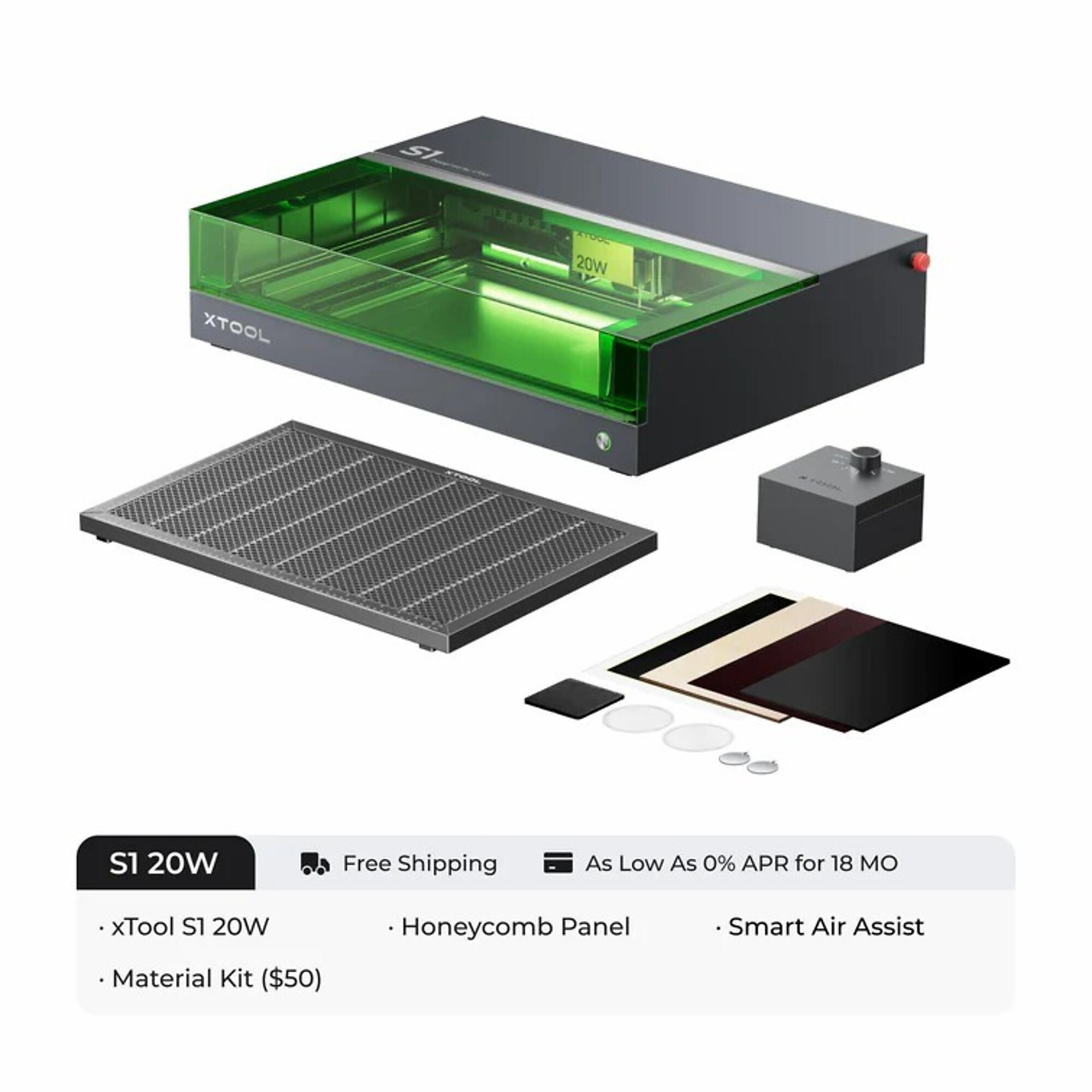 xTool, Laser Cutter and Engraver, 20w, 600mm/s, Working Width 25.98 in, Working Length 33.86 in, Laser Power 20 W, Model# xTool S1 20W Basic